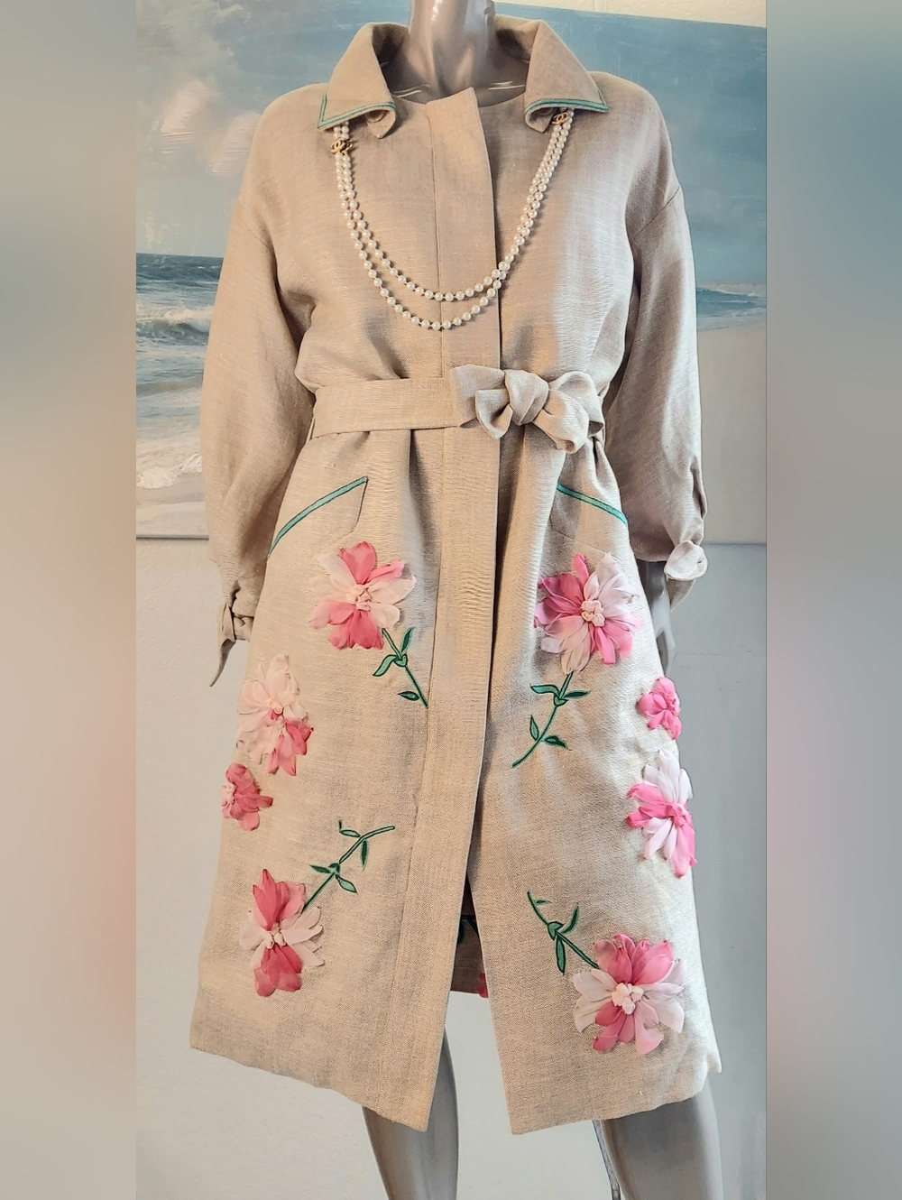 □$5,500 OSCAR DE LA RENTA EXQUISITE LINEN LEAF FLOWER EMBROID RUNWAY COAT 12